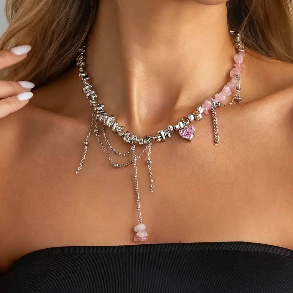 

SHIXIN Elegant Multilayer Tassel Pendant Necklace Women Vintage Creative Irregular Acrylic Beads Clavicle Chain Wedding Jewelry розовый