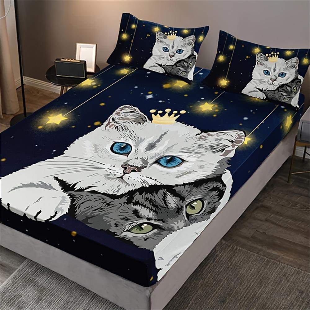 Pet Cat Print 3pcs Fitted Sheet Set, Soft Comfortable Breathable Starry Sky Bedding Mattress Protector Set, For Bedroom, Guest
