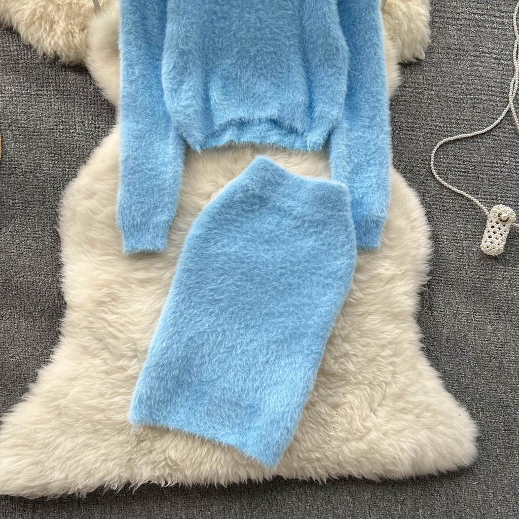 Autumn And Winter Plush Waist Short Section Knitted Sweater Plus High-Waisted Half-Body Skirt Temperament Two-Piece Suit Woman