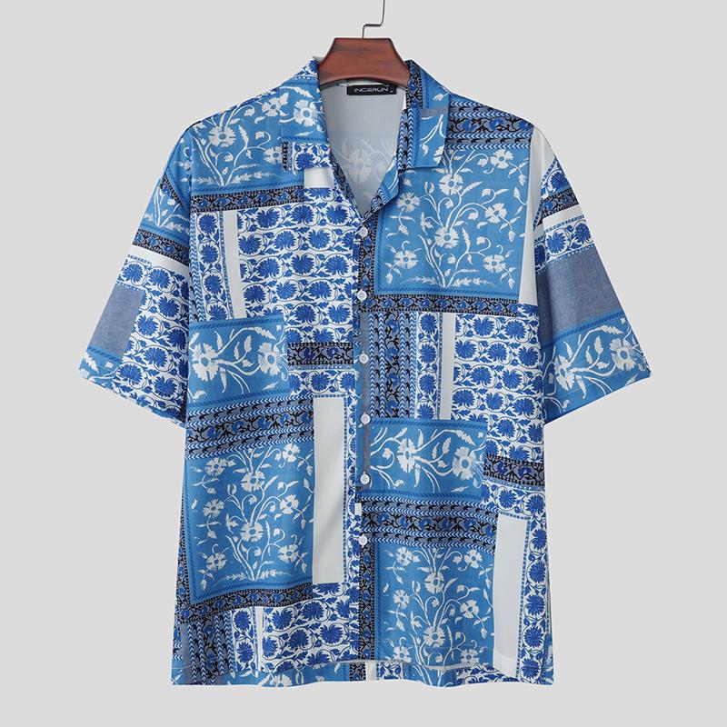 INCERUN Summer Men Lapel Neck Short Sleeve Print Beach Casual Holiday Hawaiian Shirts