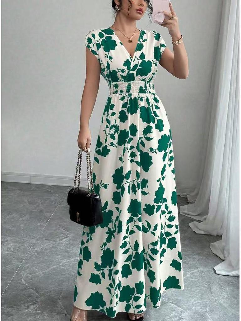 2025 Women's V-Neck Short Sleeve Tie-Up Dress with New Print - Spring/Summer Waist-Cinching Long Dress