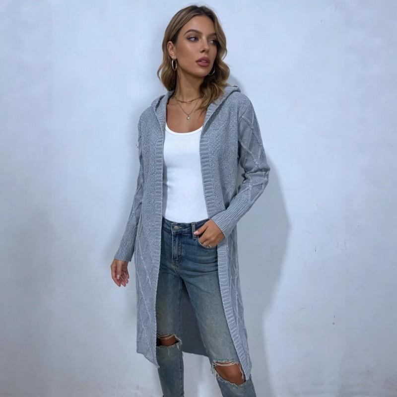 Womens Oversized Crochet Cable Knit Hooded Cardigan Long Sleeve Loose Fit Sweater In Solid Colors