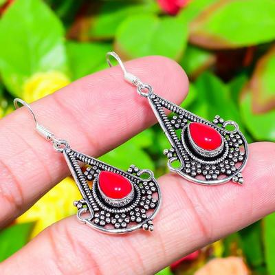 Natural Italian Red Coral Gemstone 925 Sterling Silver Earring 1.97" M3H56
