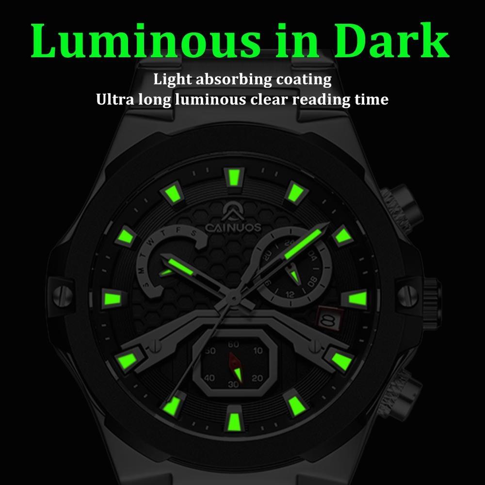 Mens Quartz Watch Waterproof Luminous Display Week/Date Stainless Steel Strap Casual Wristwatches