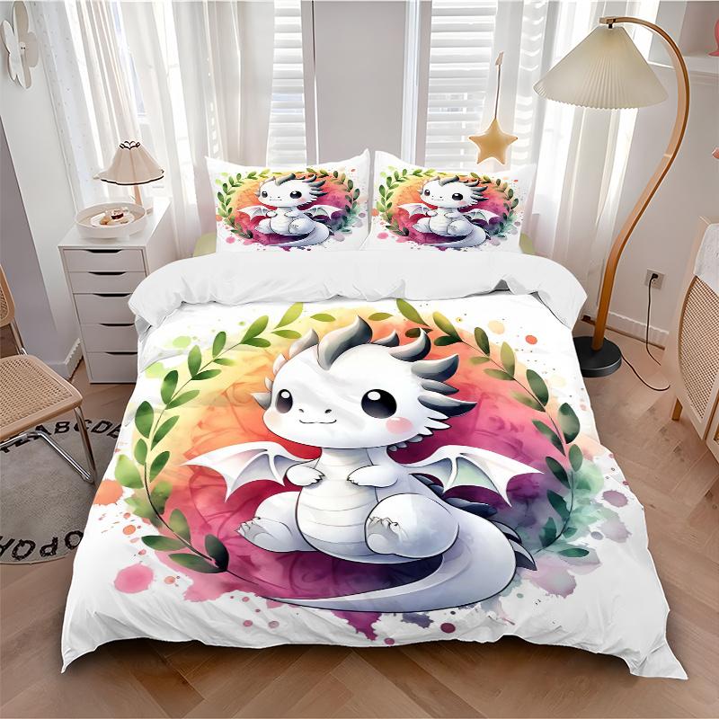3pcs Adorable White Dragon Cartoon Printed Quilt Set - Includes 1 Quilt Cover and