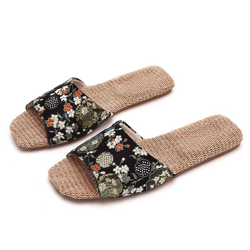 Fashion Breathable Indoor Linen Slippers For Women Men Home Floor Shoes Chinese Style Emrobidery Anti-slip Couples House Bedroom Slides