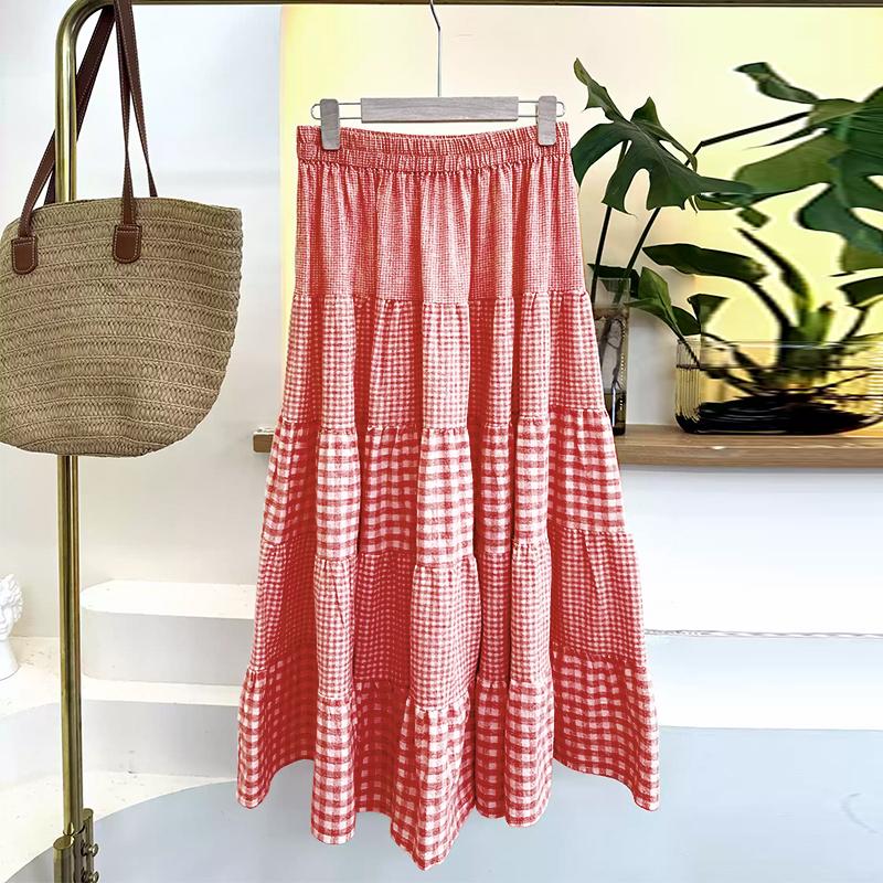 

ZANZEA Женские повседневные юбки А-силуэта с эластичным поясом и контрастной клетчатой отделкой 3XL красный