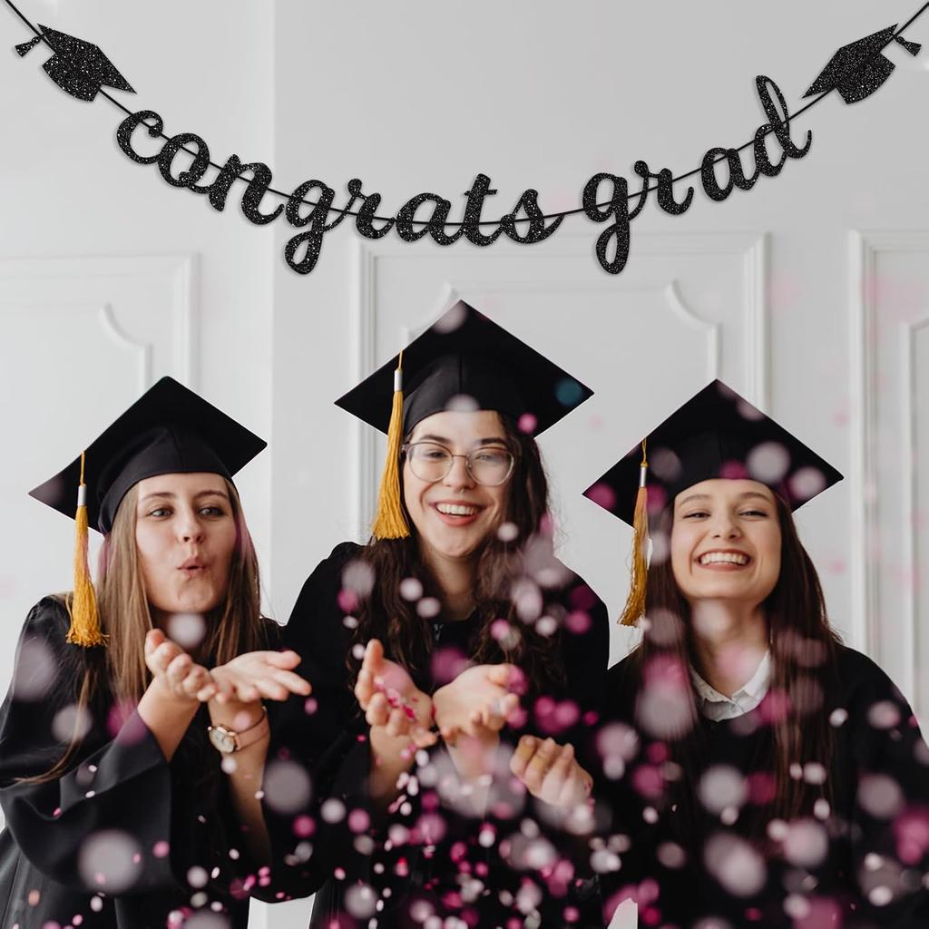 Congrats Grad Banner Decorations - Hanging Glitter Graduation Banner with Cap Garland Sign Bunting for Graduation Celebration Photo Backdrop, College