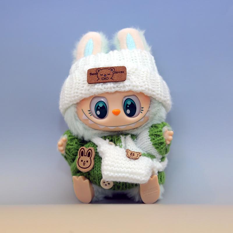 Labubu Doll Outfit Set: Knit Sweater, Hat, Button Charm, Small Bag, Vinyl Doll Clothes Replacement