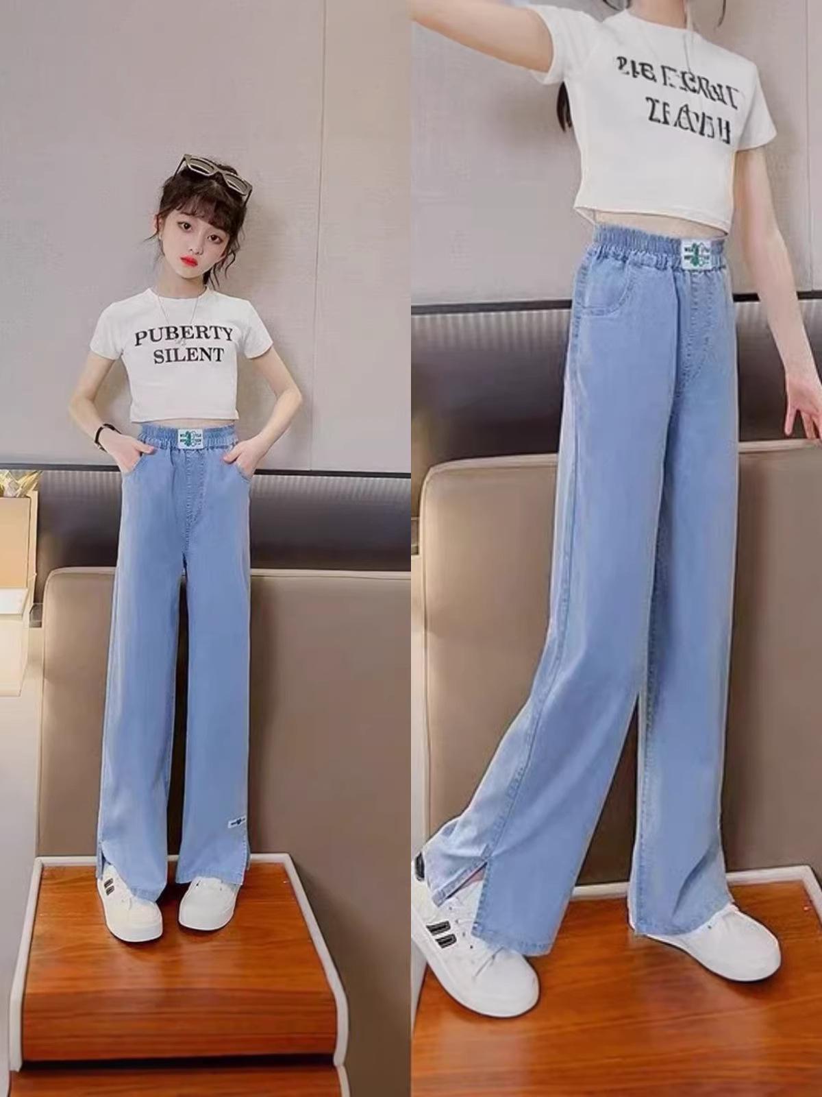 Girls  Medium-Large Summer Tencel Soft Breathable Loose Jeans 160 cm