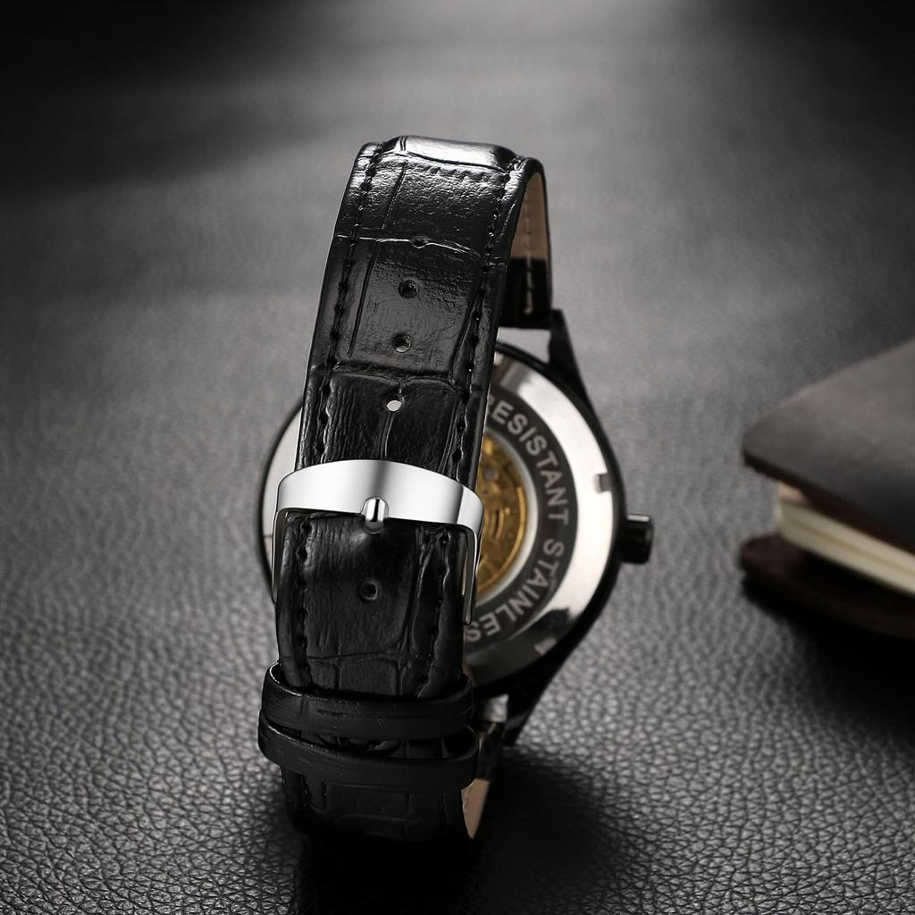 Relógio Automático Negócios Pulseira de Couro Masculino Aço Inoxidável Números Romanos Luminoso Estilo Engrenagem Formal Uso Diário À Prova d'Água Resistente à Chuva Presente