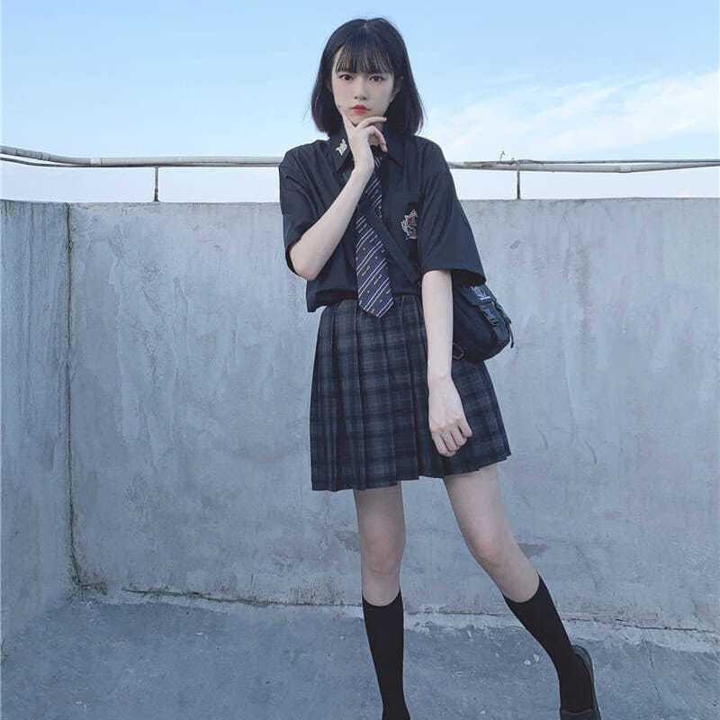 Right Aim Original Girls JK Embroidery Women Magic DK College Students Black Blouse Tops Long Short Sleeve Shirt