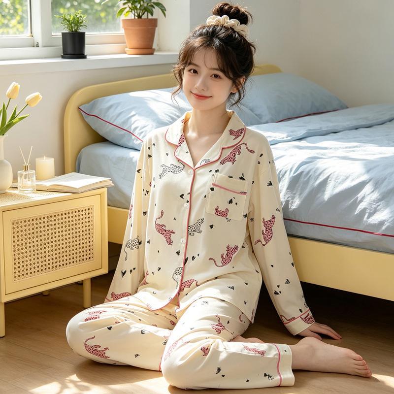 Japanese cute cartoon pajamas women's spring and autumn imitation cotton long-sleeved soft girl casual loungewear suit can be worn outside