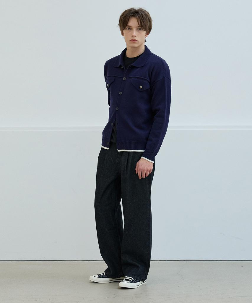 Nodu Collar Pocket Knit Jacket Cardigan [Navy]