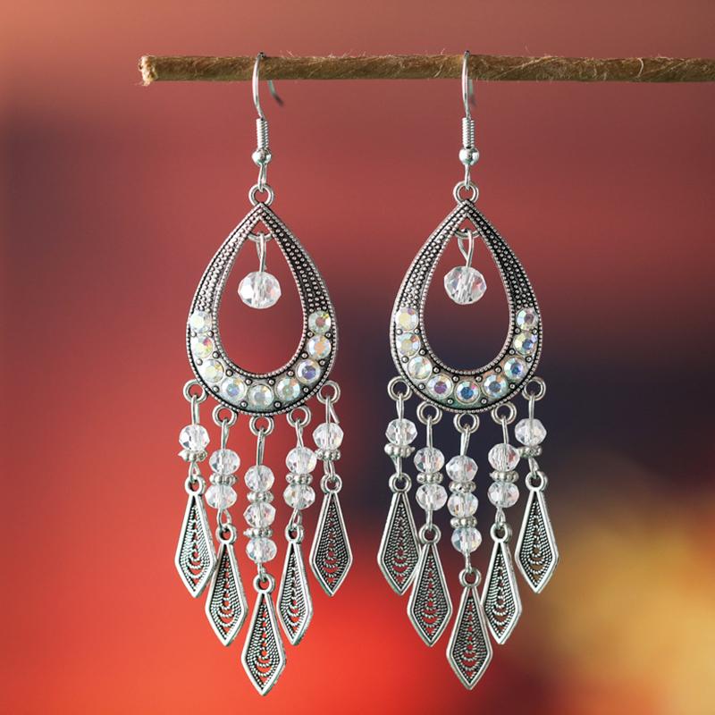 Ethnic Colorful Rhinestone Crystal Tassel Earrings For Women Vintage Niche Water Drop Shaped Earrings Vacation Daily Jewelry