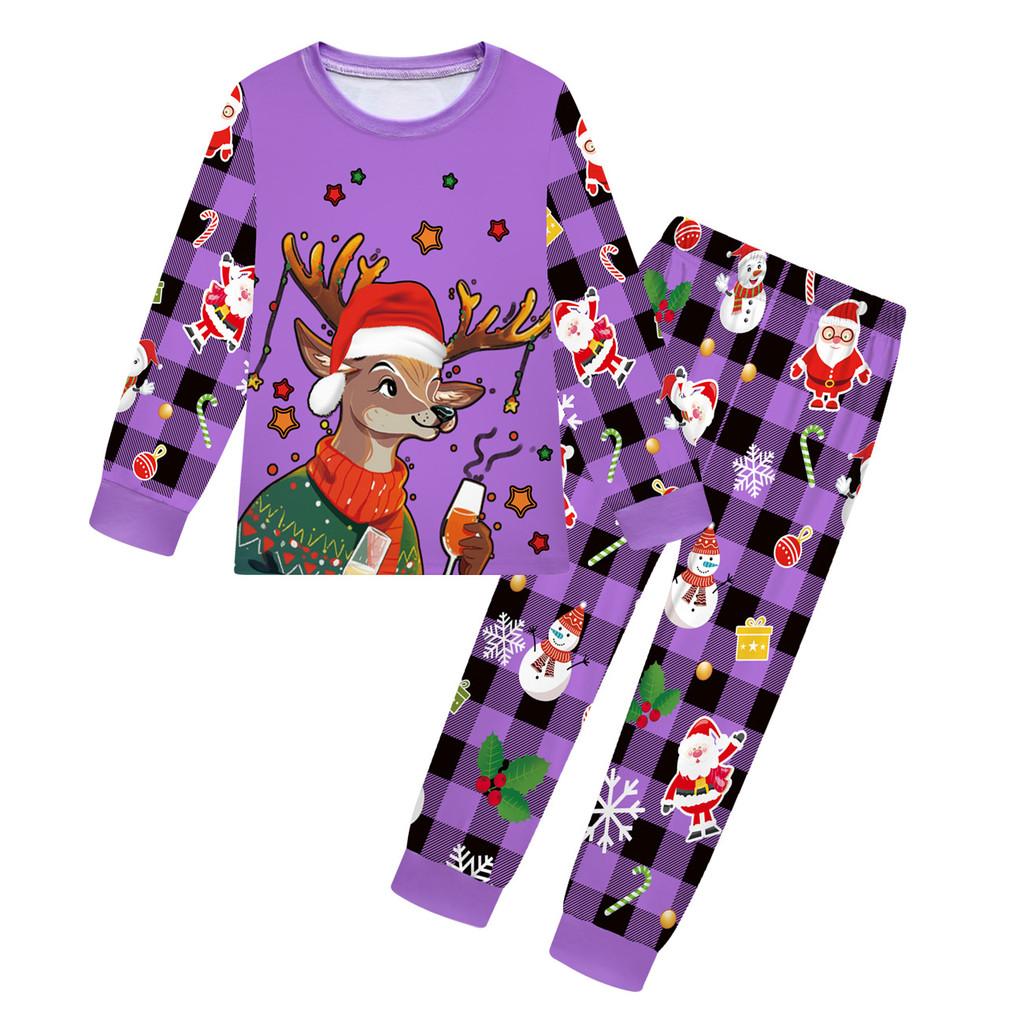 Kids Boys Girls Cartoon Santa Claus Christmas Tree Elk Print Long Sleeves T-Shirt Top Pants Trousers Clothes Set