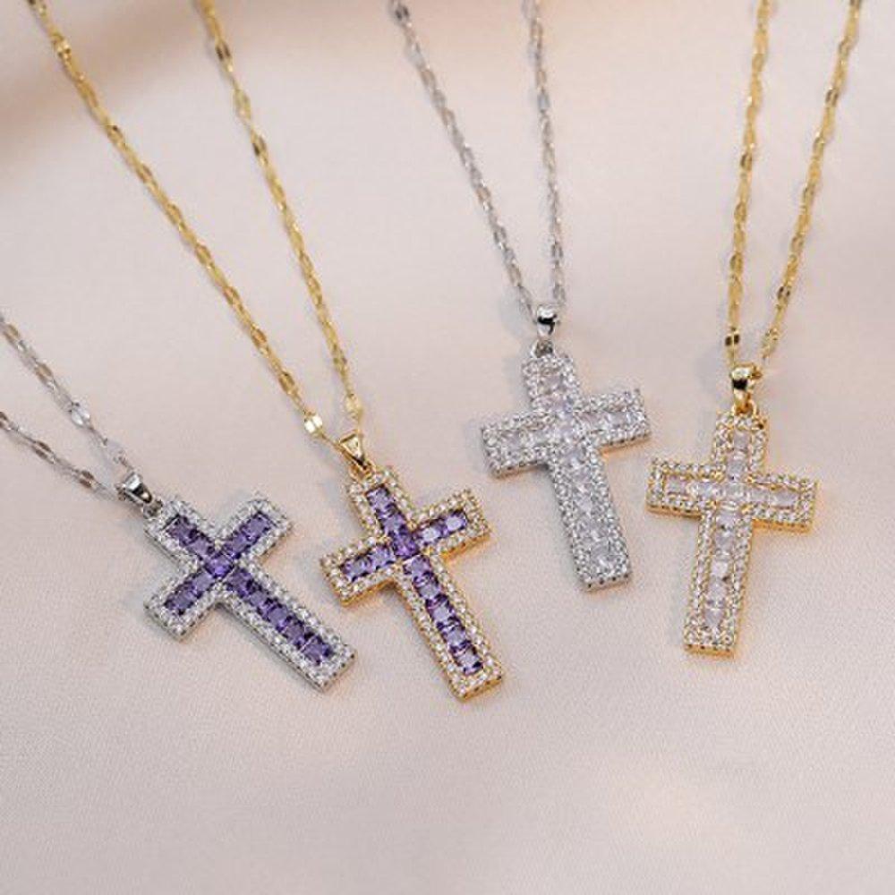 Women's Cross Pendant Diamond-Encrusted Titanium Steel Chain Necklace