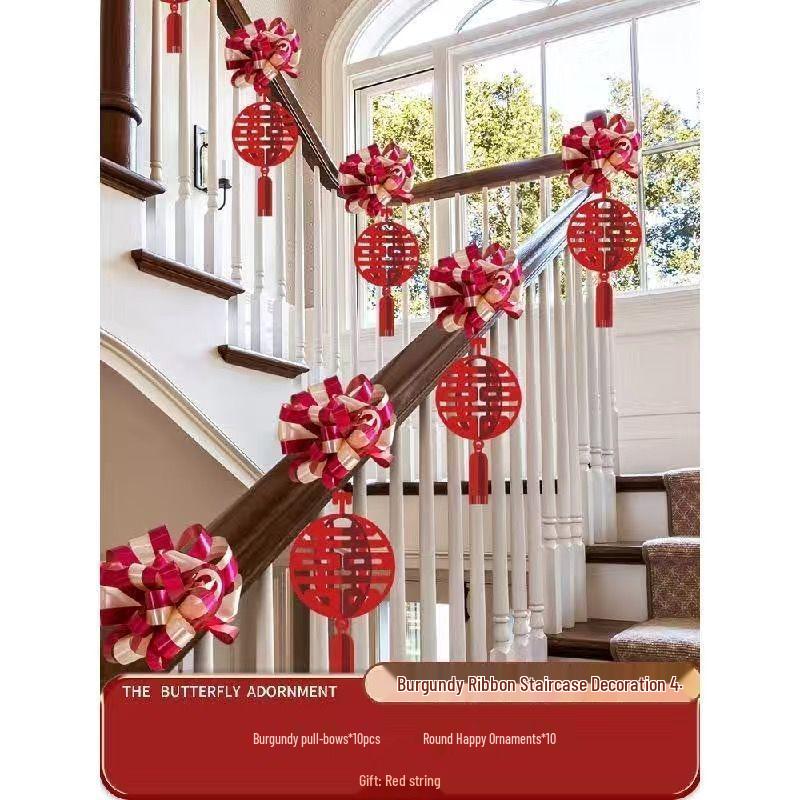 Double Happiness Ribbon & Flower Stair Railing Decoration for Wedding Room