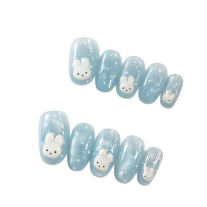 Cartoon Rabbit & Polka Dot Girly Blue Cat Eye Soft Wearable Nails