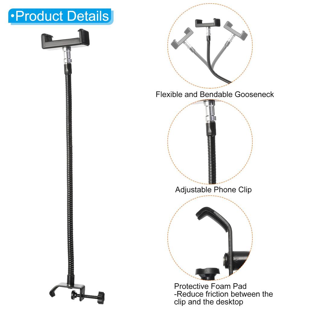 PATIKIL 18.5" Gooseneck Desk Microphone Stand with Clip, Flexible Arm, Desktop Microphone Stand for Singing and Speech, 38" to 58" Phone Clip, Black