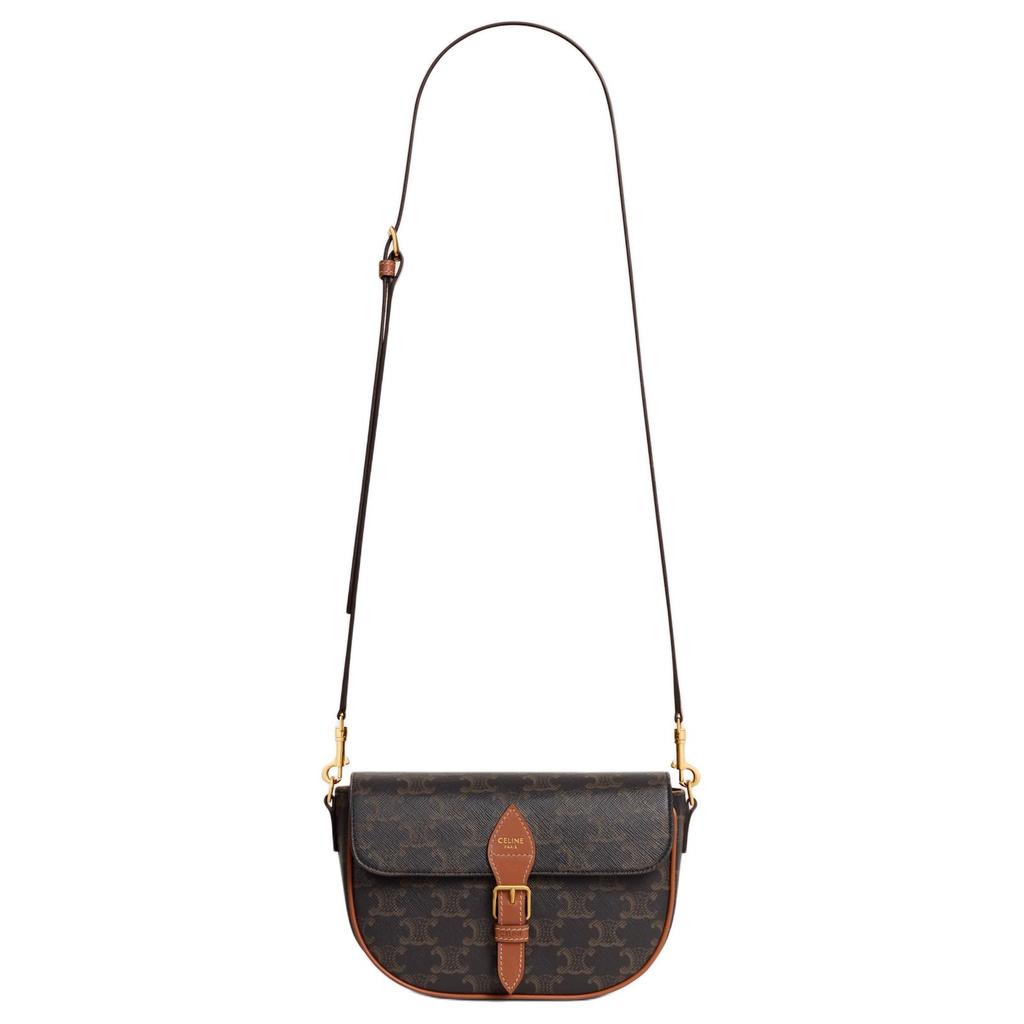 Celine Folco Brand Logo Print Design Leather Trim Shoulder Bag Women Shoulder Bag Brown 122652GTL-04LU