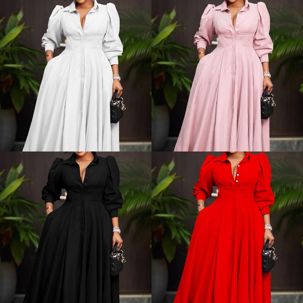 Frühlings-Damenkleid mit langen Ärmeln, modisches einfarbiges Kleid