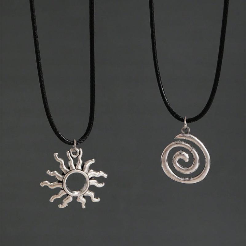 Hip Hop Burning Sun Pendant Leather Rope Necklace Vintage Whirlpool Goth Choker Necklaces For Men Boys