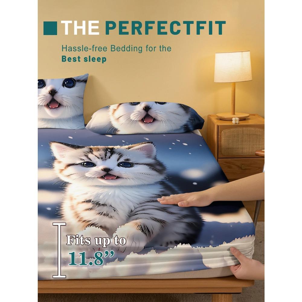 1 Cartoon Niedliches Tier Katze Digital Bedrucktes Mattiertes Spannbettlaken, Schlafzimmer Bedruckte Bettdecke, Bettwäsche(Kein Kissenbezug)