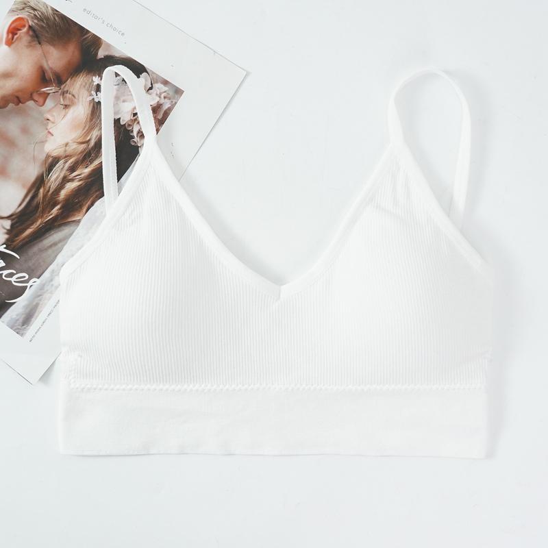 

Женский бесшовный жилет, нижнее белье, однотонный модный укороченный топ в полоску с v-образным вырезом, бюстгальтер пуш-ап, удобный топ One Size белый