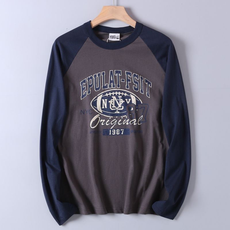 Men's Autumn Sports Casual Washed Cotton Long-Sleeve T-Shirt with Color-Blocking and Raglan Sleeves, Export Surplus