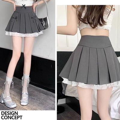 Frühling/Sommer High Waist Spitze Besatz Plissee A-Linien Rock - College-Stil