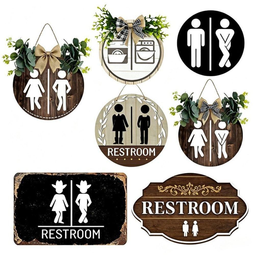 Wooden Wall Art Sign Wreath Circle Decorative Plaque Cute Bathroom Sign Plate Toilet