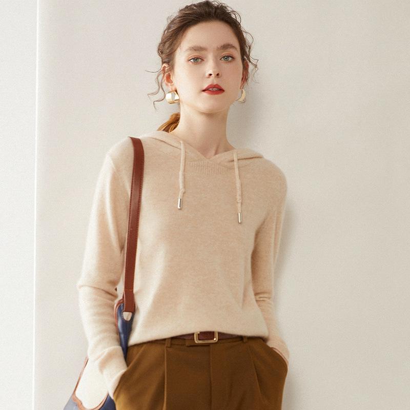 Women's Cashmere Hooded Sweater - Loose Fit, Korean Style, Ideal for Autumn and Winter.