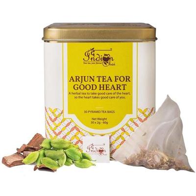 Chai indio - Té Arjun para un buen corazón (30 bolsitas piramidales) | Té de hierbas con las bondades de Arjuna Chhal, Ashwagandha, Brahmi, etc.