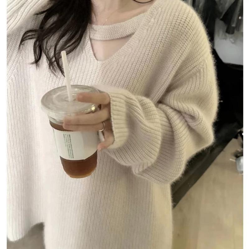 Design-Sinn Mode V-Ausschnitt Strickpullover Oberteil Damen Herbst und Winter Neu Weich Wachsig Locker Fauler Stil Pullover