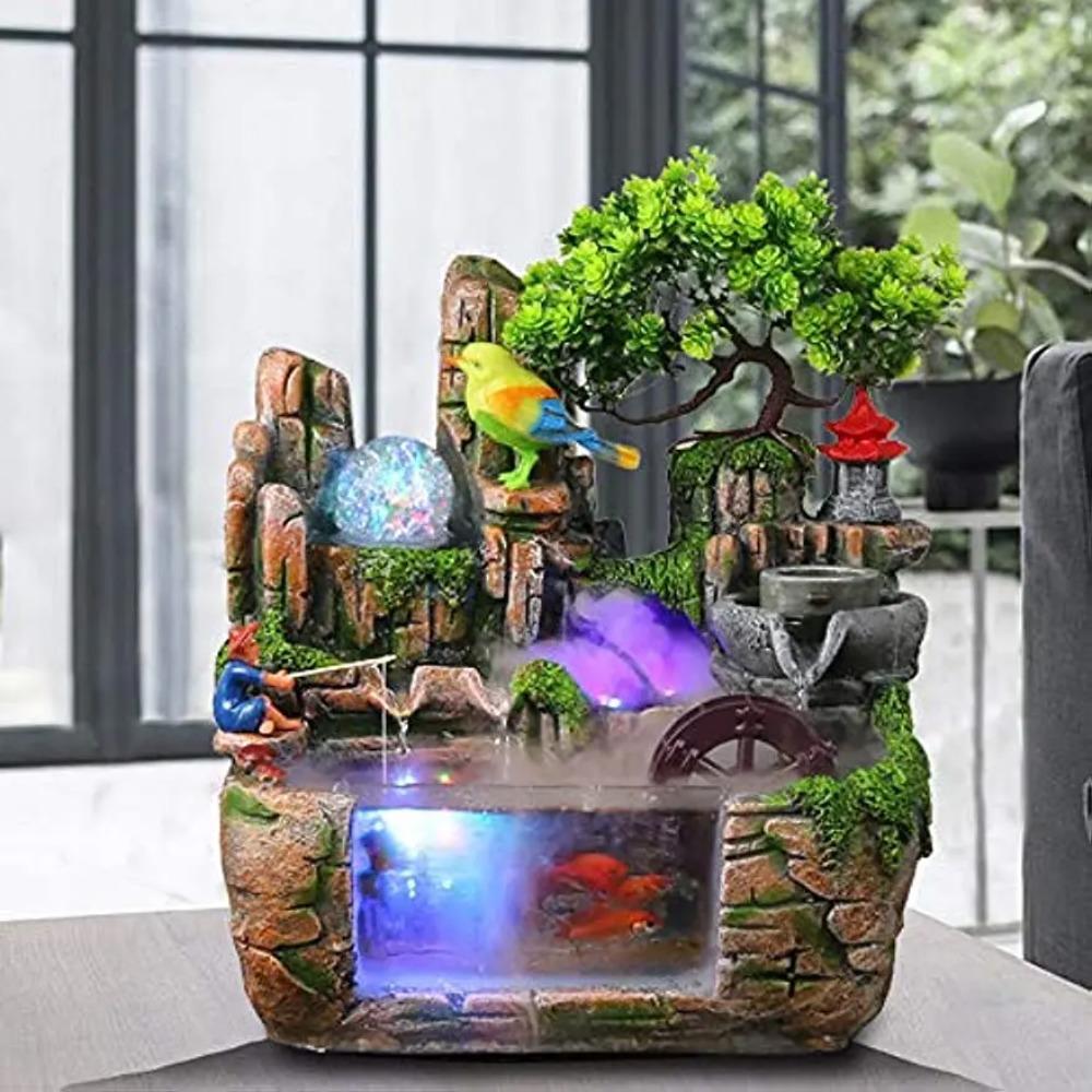 Desktop Fountain Waterfall with Rockery Indoor Relaxation Tabletop Resin Ornament with Light Bird & Fisherman for Home
