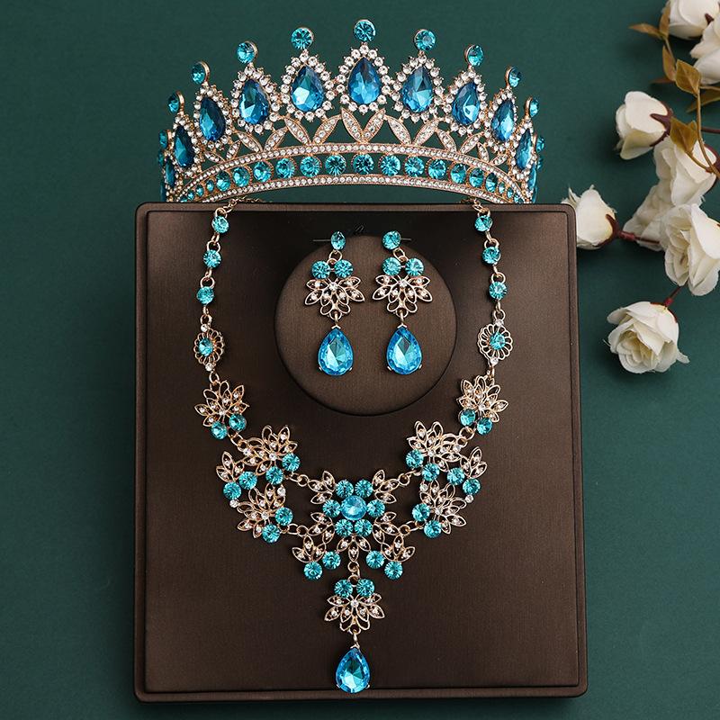 DIEZI Korean Sky Blue Crystal Crown Women Girls Headwear Luxury Bridal Bride Tiaras Necklace Earrings Wedding Party Jewelry Sets