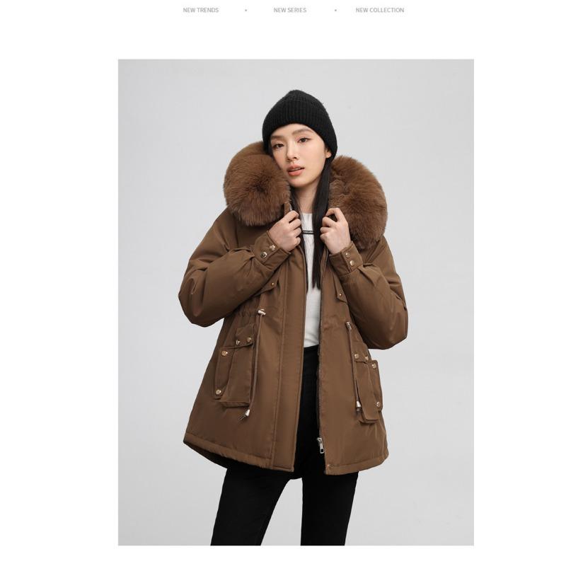 

Женская куртка-парка с капюшоном, ветрозащитная, легкая, утепленная, пушистая, теплая, для холодной погоды, средней длины, повседневная, спортивная, хлопковая куртка с воротником из искусственного меха XXXL темно-коричневого
