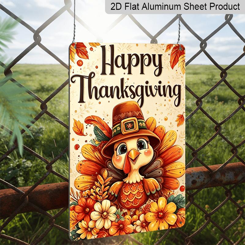 2D Flat, 1pc Thanksgiving Cartoon Bird Floral Aluminum Decorative Sign & Plaque, Thanksgiving Party Wall Decor, Dining Room Wall Art, Kitchen
