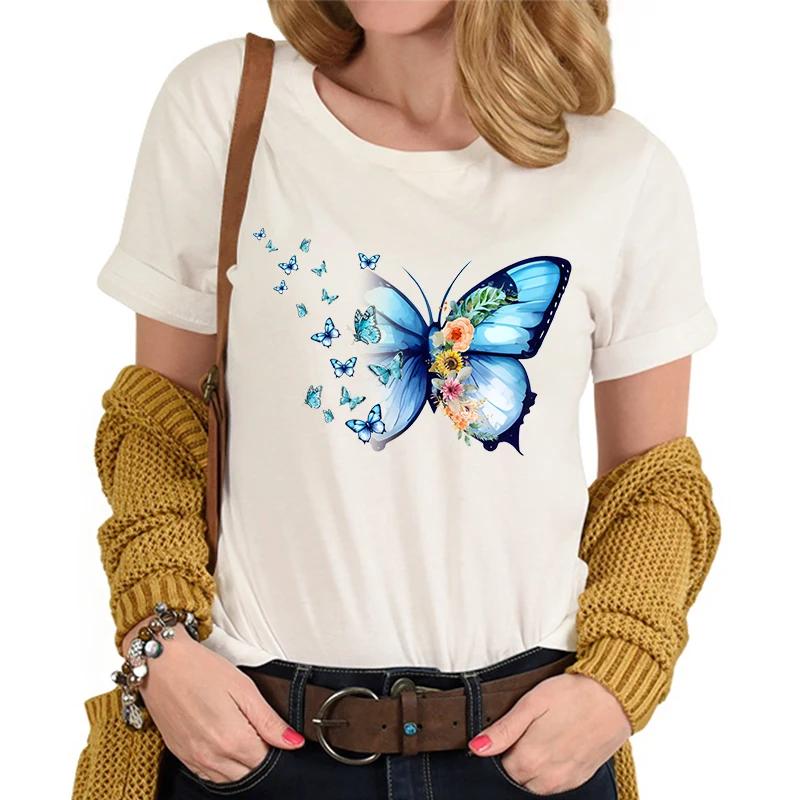 Flower Butterfly Lover Casual Tops Vintage Flower Design Tshirt Female Butterfly Print Premium Casual Short Sleeve TShirt Women