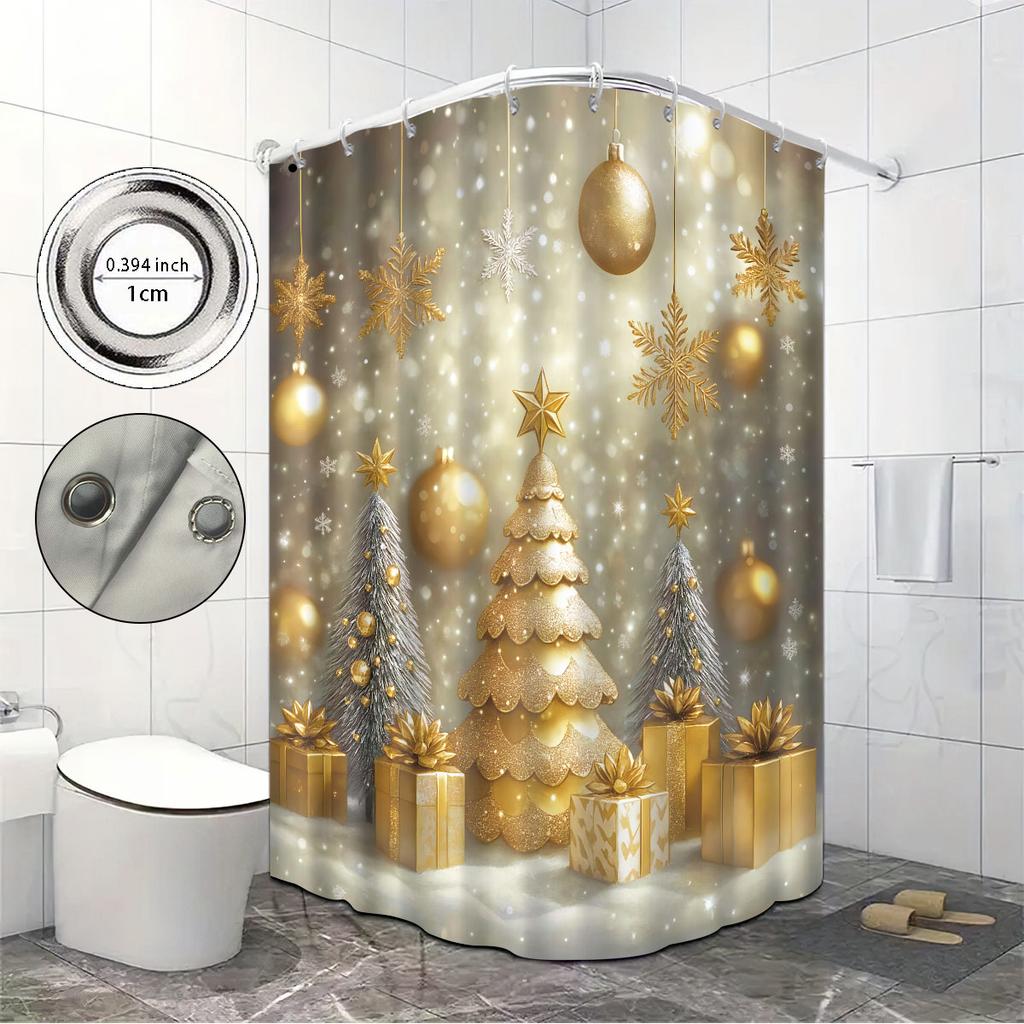 1Pc Golden Christmas Tree Print Waterproof Shower Curtain Partition Privacy Hanging Curtain, With 12 Hooks For Easy Installation