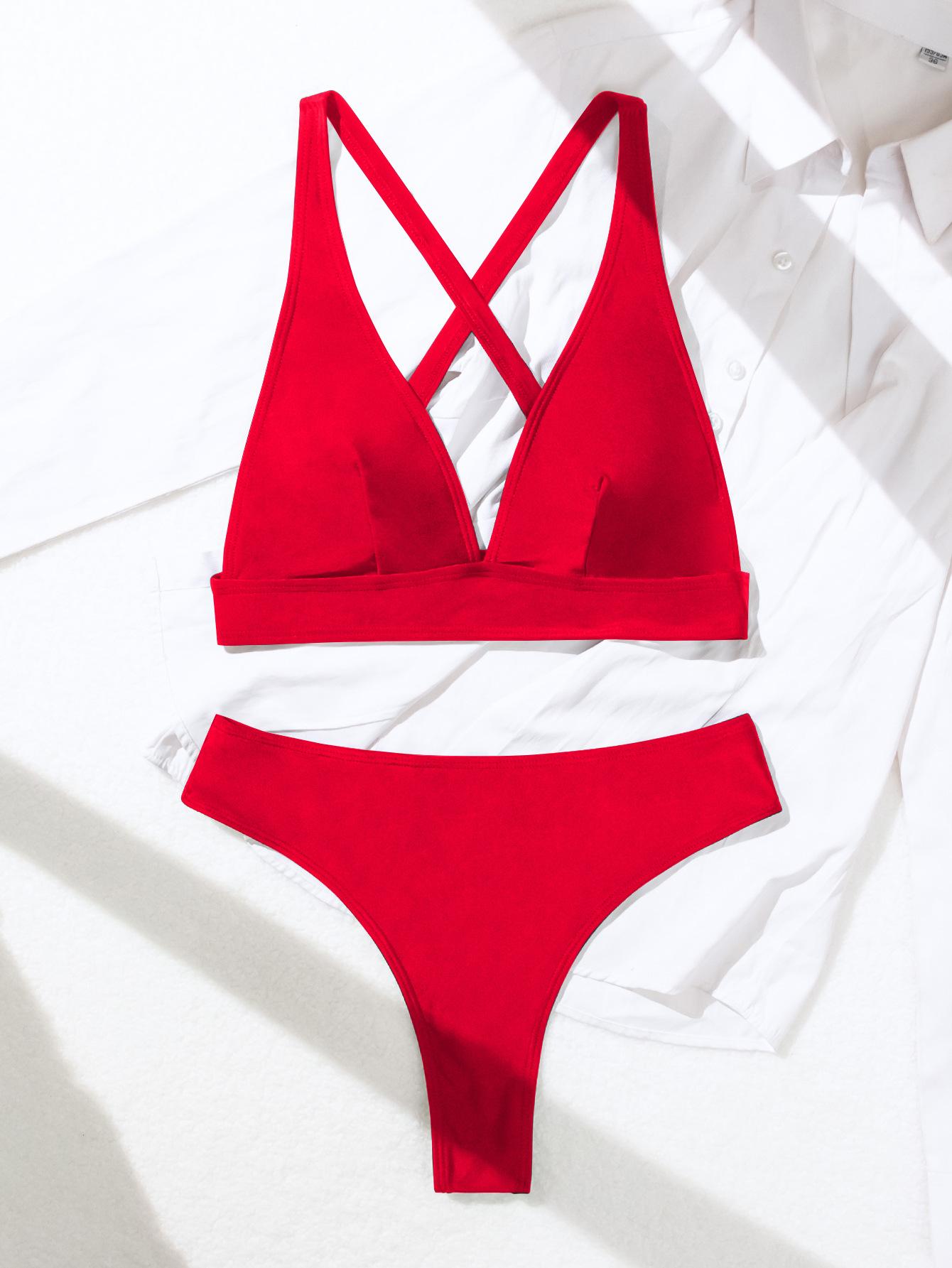 

Женский купальник, сплошной цвет, глубокий V-образный вырез, сексуальный бикини с высокой талией, разделенный купальник, пляжная одежда, купальные костюмы XL красный