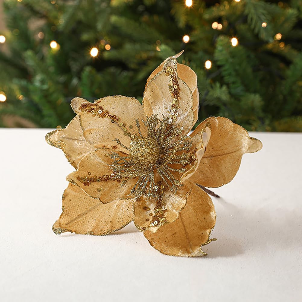 1 Pcs Poinsettia Artificial Flowers Christmas Tree Ornaments Velvet Glitter Magnolia Flowers for Xmas New Year Party Wedding Holiday DIY Decorations,