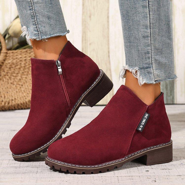 Fashion Autumn /Winter New Women's Short Boots 2025 Round Head Side and Bare Boots Square Heel Solid Color Large Size Women's Shoes