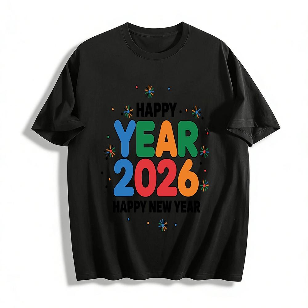 

Happy 2026 New Year Colorful Print Casual Loose Crewneck Top Pure cotton T-shirt XXS