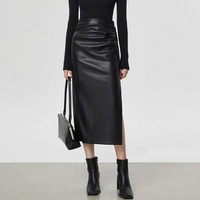 Jupe mi-longue fendue en cuir PU pour femme, automne-hiver, moulante, taille haute, ligne A, vêtements vintage Y2k