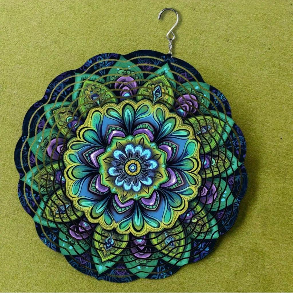 Vibrant Mandala Metal Wind Chime Outdoor Hanging Kinetic Yard Art with Colorful Floral Design in Green Blue Purple Yellow for Christmas Halloween