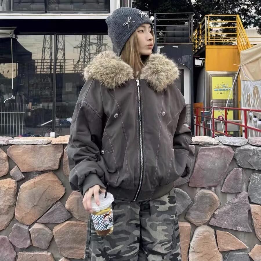 Giacca con Cappuccio American Retro Scolpita Aquila di Montagna Foderata in Velluto con Collo in Pelliccia - Cappotto Invernale Unisex