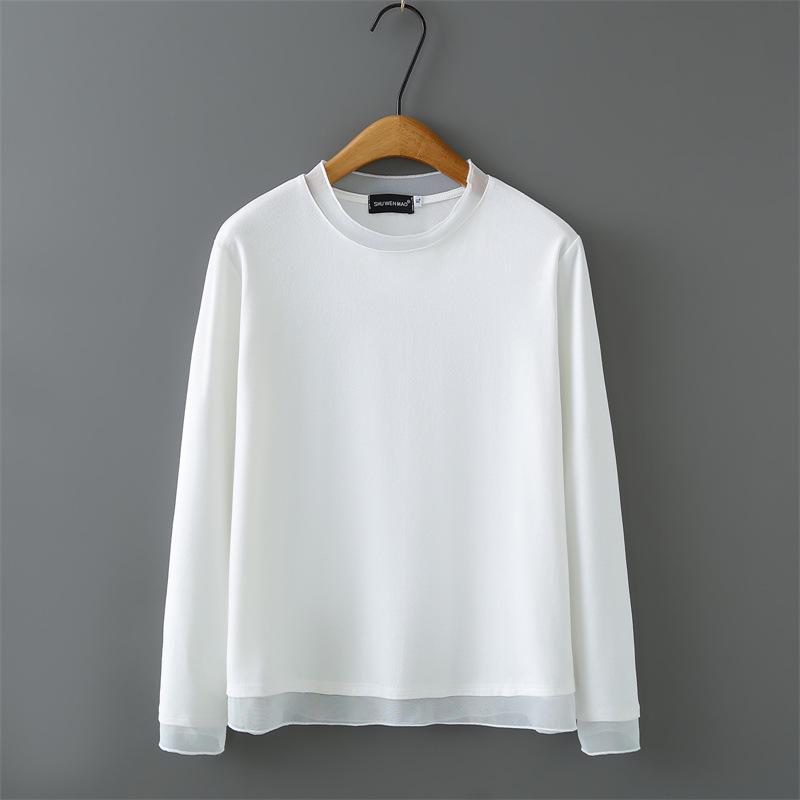 

2026 Spring Plus Size Women s Mesh Spliced Long Sleeve 2-in-1 Top, Round Neck Base Layer 3XL белый