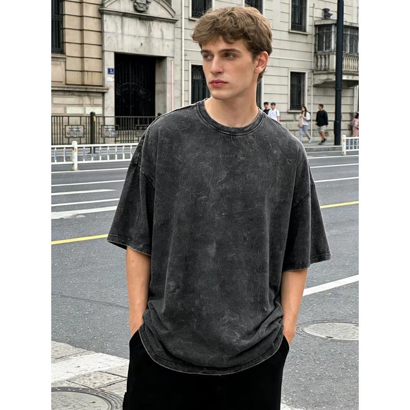 2026 Neues Schweres Reines Baumwollgewaschenes T-Shirt Locker Übergröße Retro Used Street Style Monddruck Kurzarm Basisschicht